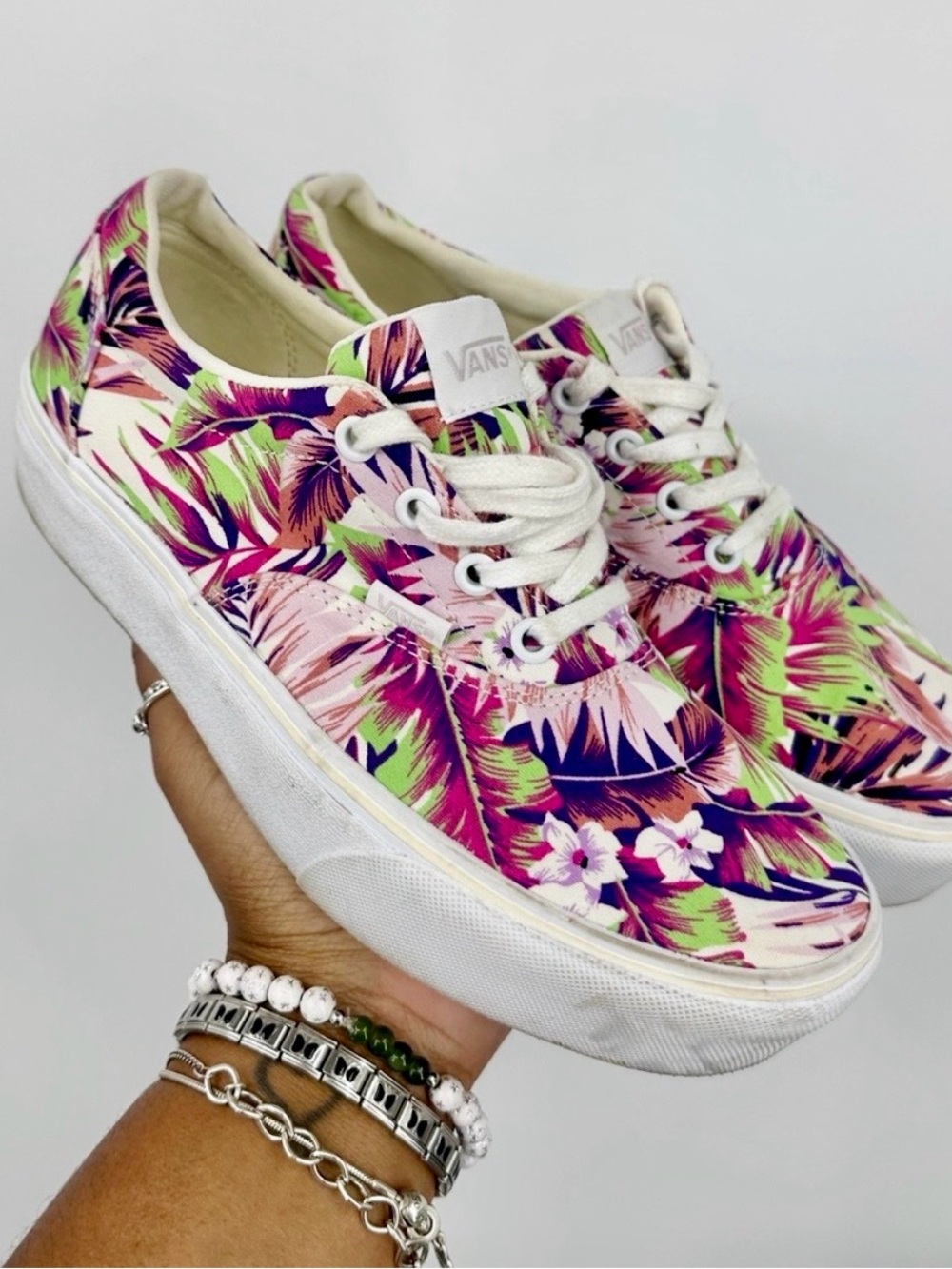 Vans Paradise Floral Tropical Platform Sneakers Pink Purple Green Women's Size 8